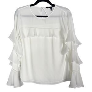 White House Black Market 2 White Ruffle Layered Long Sleeve Blouse Top Keyhole